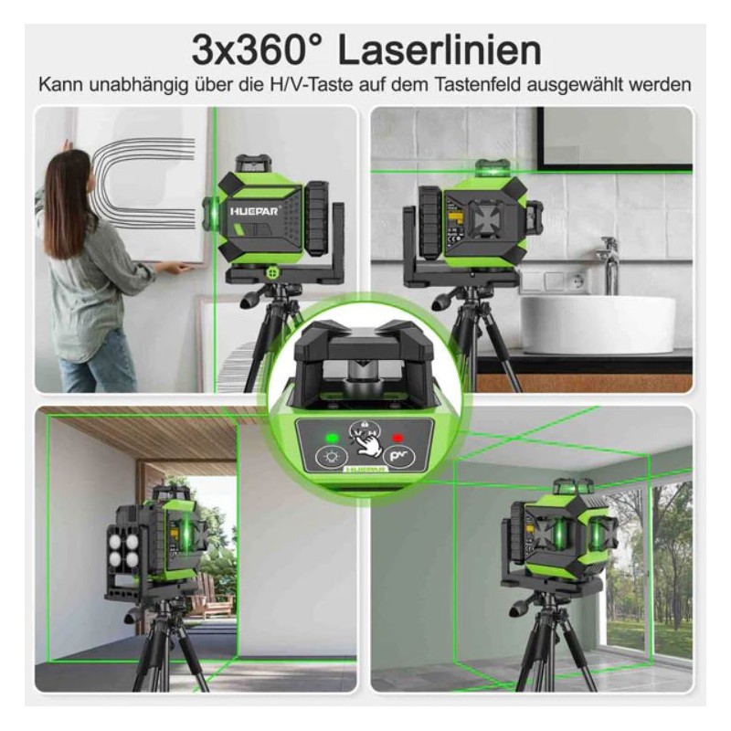 Huepar 703CG 3D Selbstnivellierender Laser Set und 3m Teleskopstnage + Stativ TPD14