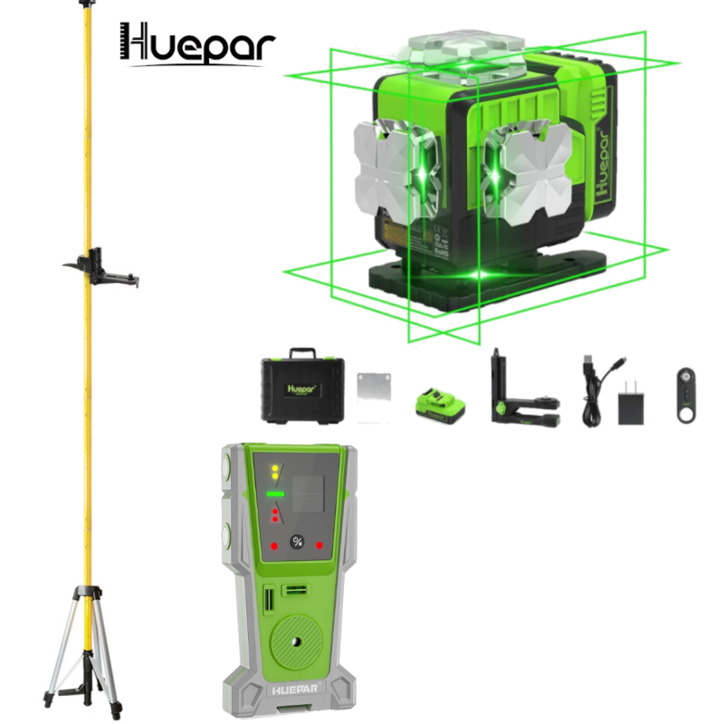 Huepar P04CG grüner 4D Selbstnivellierender Kreuzlinienlaser Set Mit Teleskopstange Huepar LP36 und Detektor LR-8RG