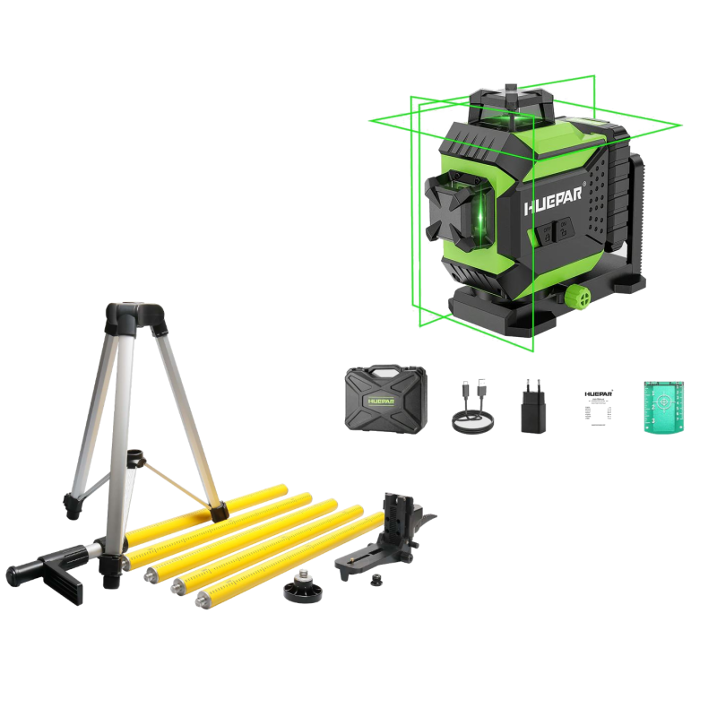 Huepar 703CG 3D Selbstnivellierender Laser Set und 3m Teleskopstnage + Stativ TPD14