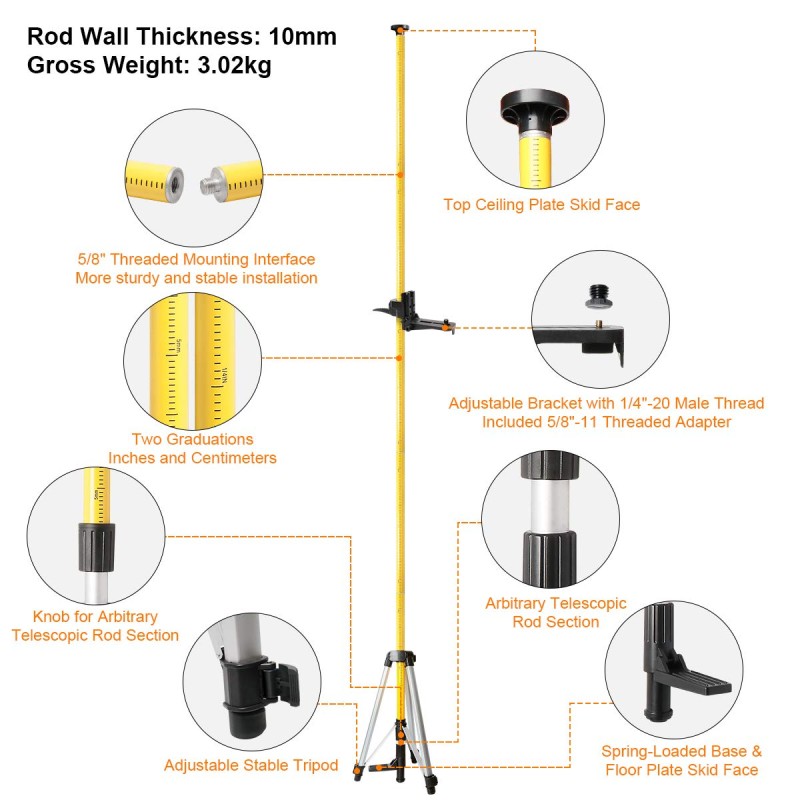 Huepar 703CG 3D Selbstnivellierender Laser Set und 3m Teleskopstnage + Stativ TPD14