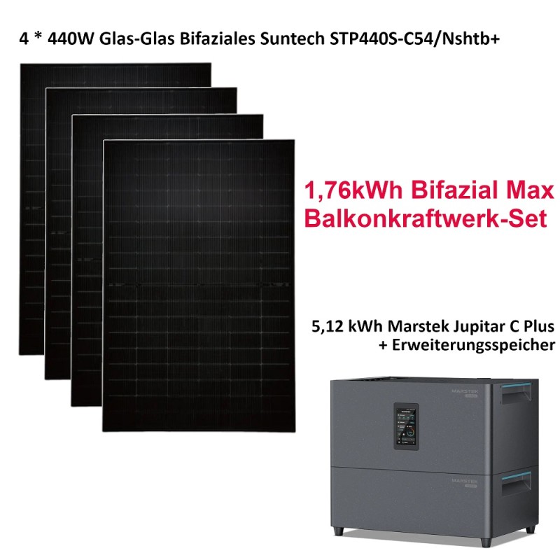 1760W Bifazial Balkonkraftwerk Set mit 5.12kWh Marstek Jupiter C plus mit Erweiterungsakku