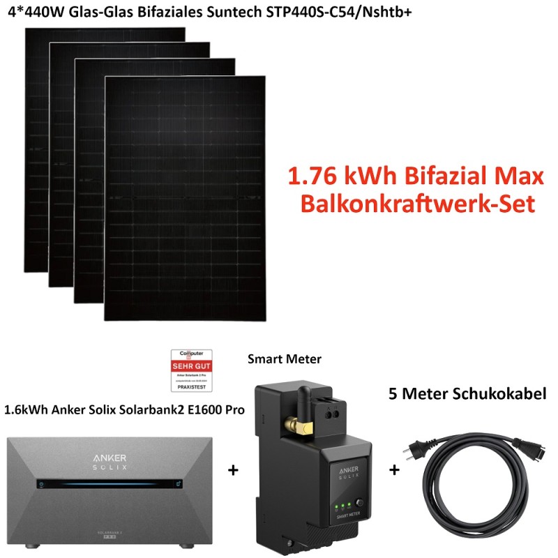 1760W Bifazial Balkonkraftwerk Set mit 1.6kWh Anker SOLIX Solarbank 2 E1600 PRO Balkonkraft Speicher Batterie mit Smart meter