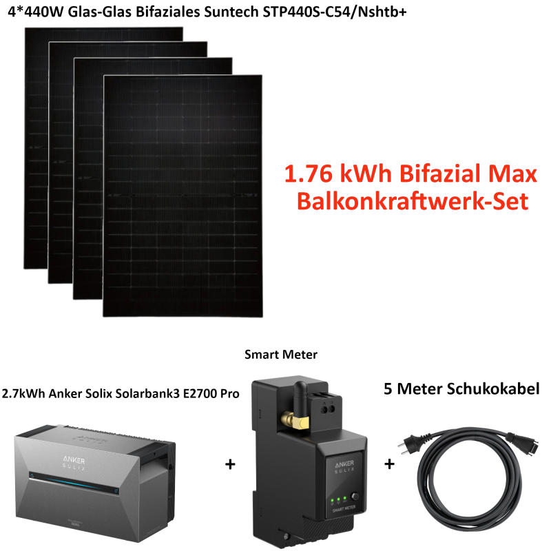 1760W Bifazial Balkonkraftwerk Set mit 2.7kWh Anker SOLIX Solarbank 3 E2700 PRO Balkonkraft Speicher Batterie mit Smart meter