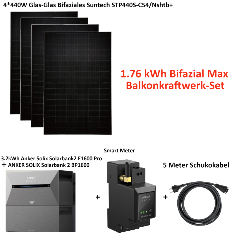 1760W Bifazial Balkonkraftwerk mit 3.2kWh Anker SOLIX Solarbank 2 E1600 PRO+Erweiterungsakku BP1600 mit Smart Meter