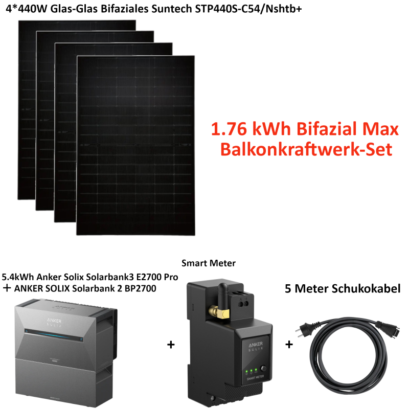 1760W Bifazial Balkonkraftwerk Set mit 5.4kWh Anker SOLIX Solarbank 3 E2700 PRO+Erweiterungsakku BP2700 pro mit Smart meter