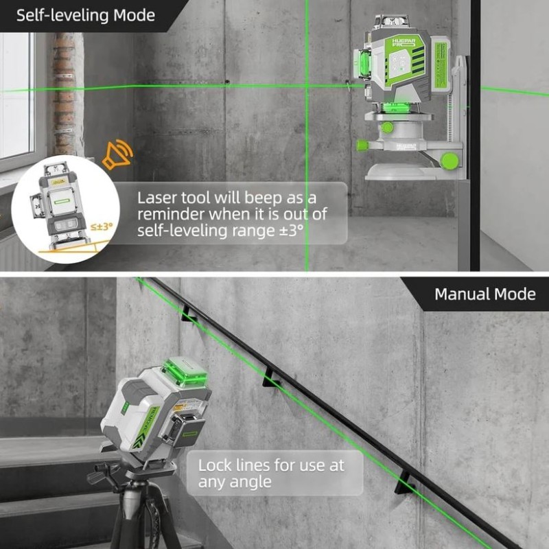 Huepar ZK04CG 4D 360° Kreuzlinienlaser mit LR8RG Empfänger & TPD16 Stativ