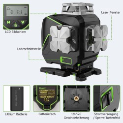 Huepar S04CG LCD-Bildschirm 4D Kreuzlinienlaser mit Halterung und Hebebasis in L-Boxx