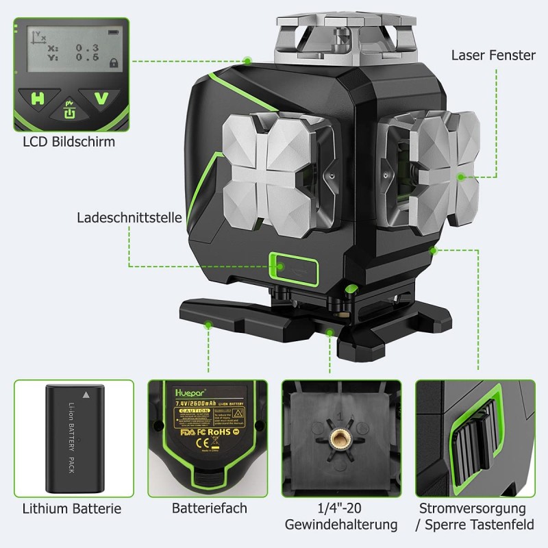 Huepar S04CG 4D Kreuzlinienlaser mit Fernbedienung im Koffer Mit 3,7m Teleskopstange Huepar LP36 und Detektor LR-6RG