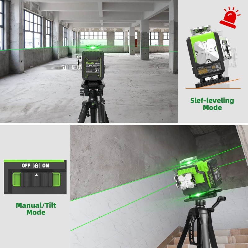 Huepar P04CG grüner 4D Selbstnivellierender Kreuzlinienlaser Set Mit Teleskopstange Huepar LP36 und Detektor LR-8RG