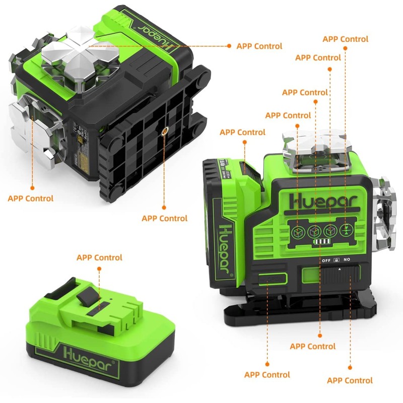 Huepar P04CG grüner 4D Selbstnivellierender Kreuzlinienlaser Set Mit Teleskopstange Huepar LP36 und Detektor LR-6RG