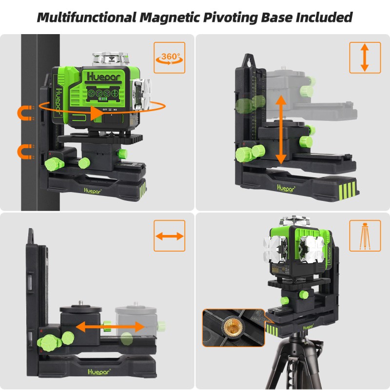 Huepar P04CG grüner 4D Selbstnivellierender Kreuzlinienlaser Set Mit Teleskopstange Huepar LP36 und Detektor LR-6RG