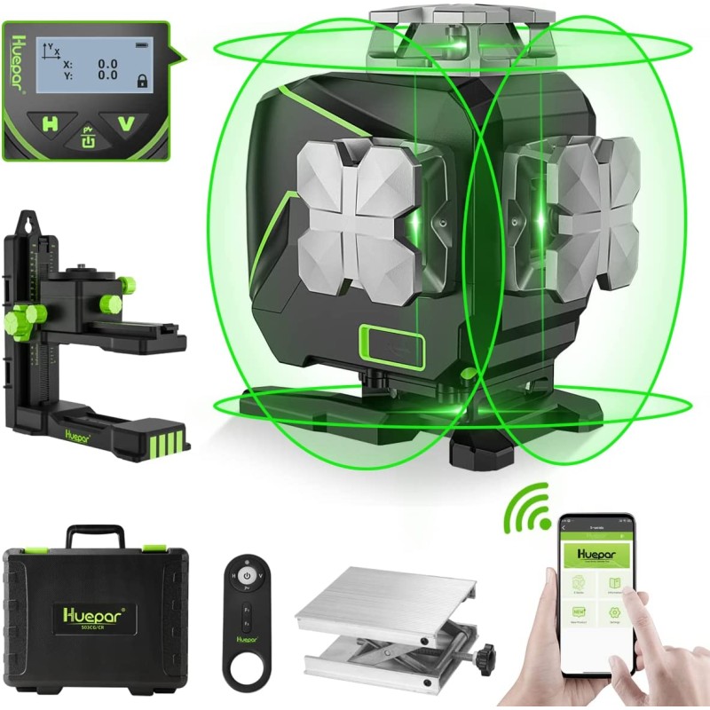 Huepar S04CG 4D Kreuzlinienlaser mit Fernbedienung im Koffer Mit Laser Detektor LR-5RG und Laser Brille