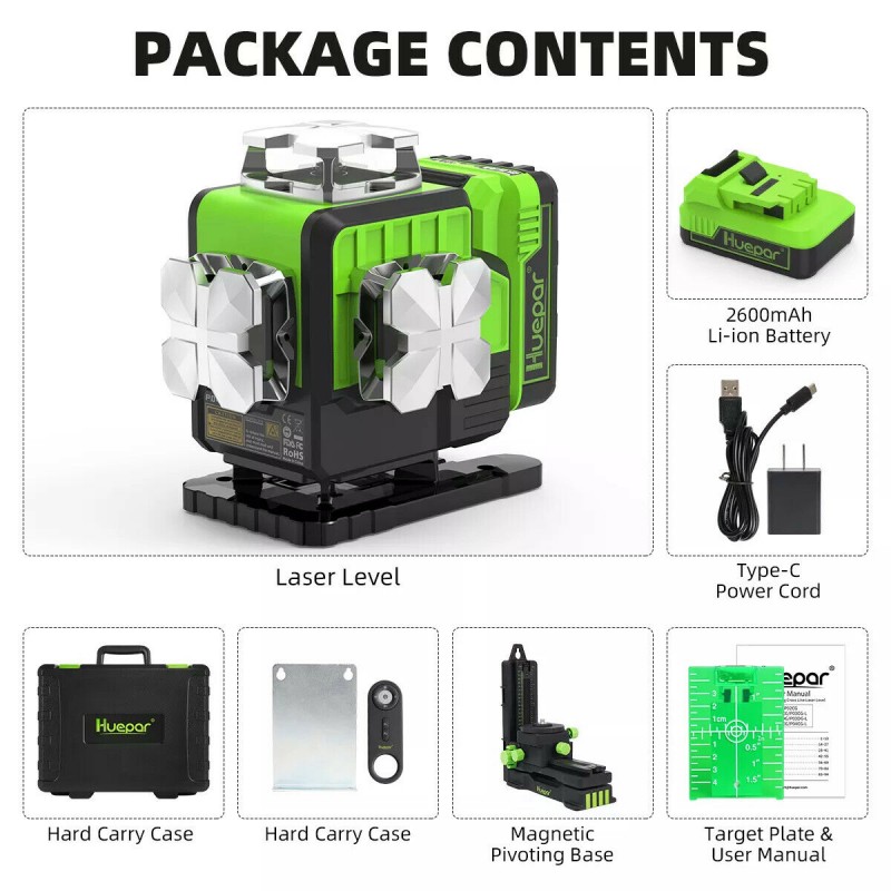 Huepar P04CG grüner 4D Selbstnivellierender Kreuzlinienlaser Set Mit Laser Detektor LR-8RG