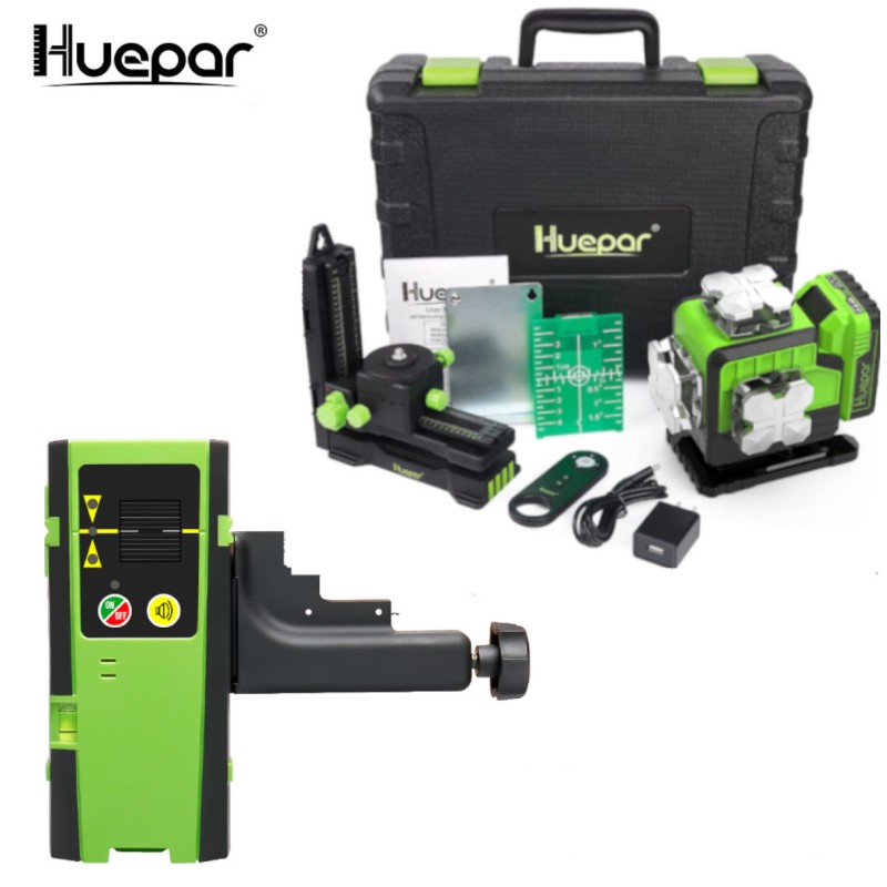 Huepar P04CG grüner 4D Selbstnivellierender Kreuzlinienlaser Set Mit Laser Detektor LR-6RG