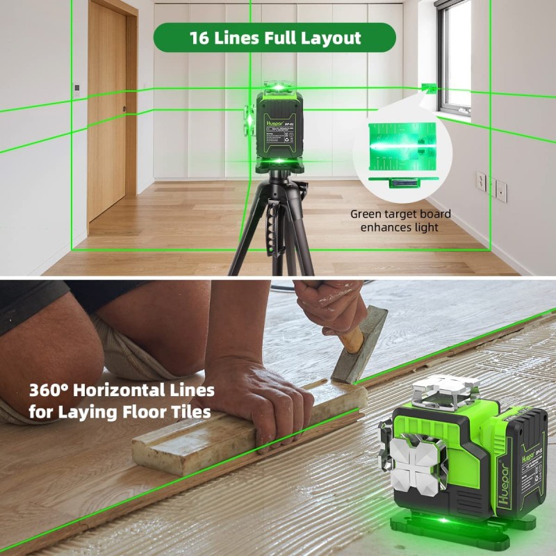 Huepar P04CG grüner 4D Selbstnivellierender Kreuzlinienlaser Set Mit Laser Detektor LR-8RG und Laser Brille