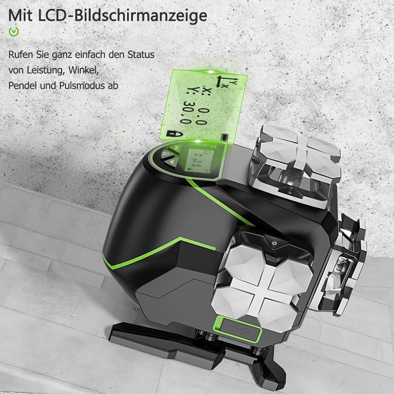 Huepar S04CG LCD-Bildschirm 4D Kreuzlinienlaser mit Halterung und Hebebasis in L-Boxx Set Mit 3,7m Teleskopstange LP36