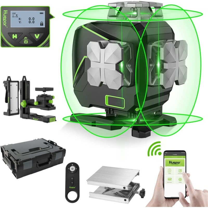 Huepar S04CG LCD-Bildschirm 4D Kreuzlinienlaser mit Halterung und Hebebasis in L-Boxx Set Mit 3,7m Teleskopstange LP36