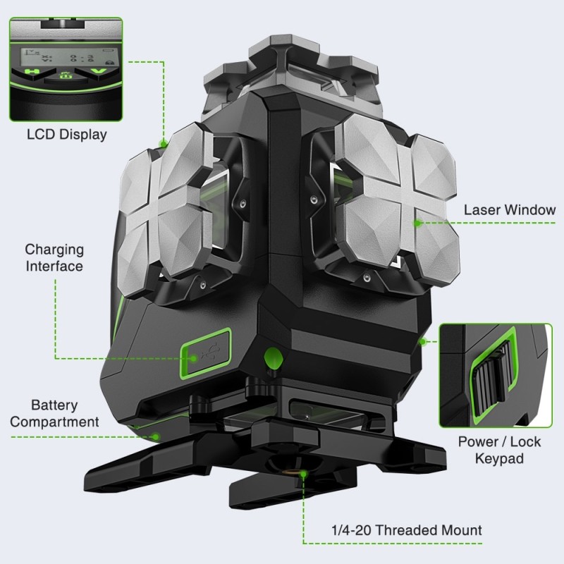 Huepar S04CG 4D Linienlaser in L-Boxx Set Mit 3,7m Teleskopstange LP36 und Empfänger LR5RG