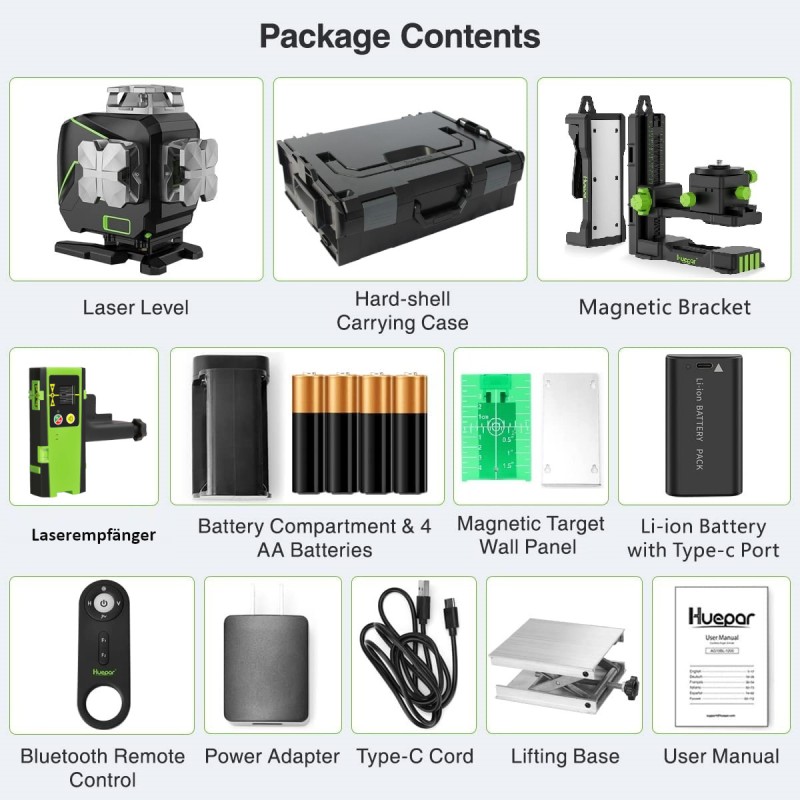 Huepar S04CG 4D Linienlaser Mit Empfänger LR6RG in L-Boxx Set Mit 3,7m Teleskopstange LP36 Und Stativ TPD14