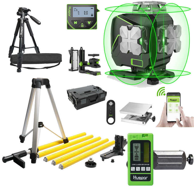 Huepar S04CG 4D Linienlaser Mit Empfänger LR5RG in L-Boxx Set Mit 3,7m Teleskopstange LP36 Und Stativ TPD14